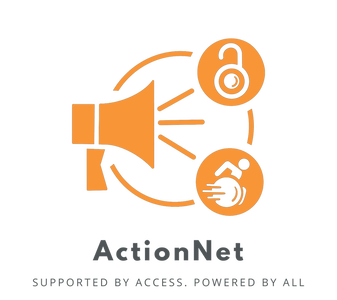 ActionNet Logo. An illustrated image containing a megaphone, an open lock, and a person in a wheelchair