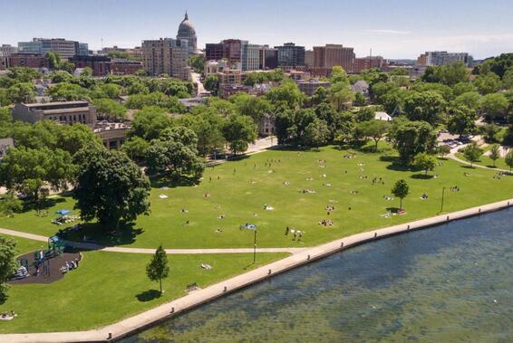 An aerial photo of James Madison Park in Madison, WI 