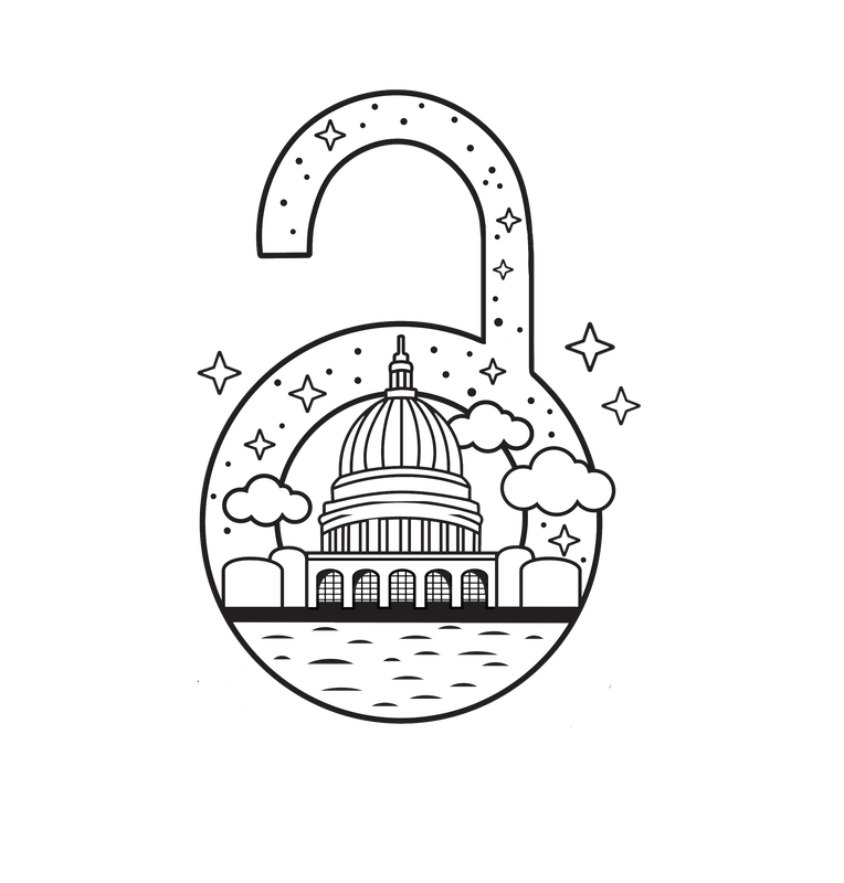 The Artists Beyond Boundaries Logo: An open lock with an illustrated image of the Madison skyline at night.