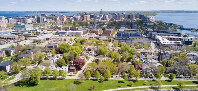 An aerial photograph of the isthmus in Madison, WI 