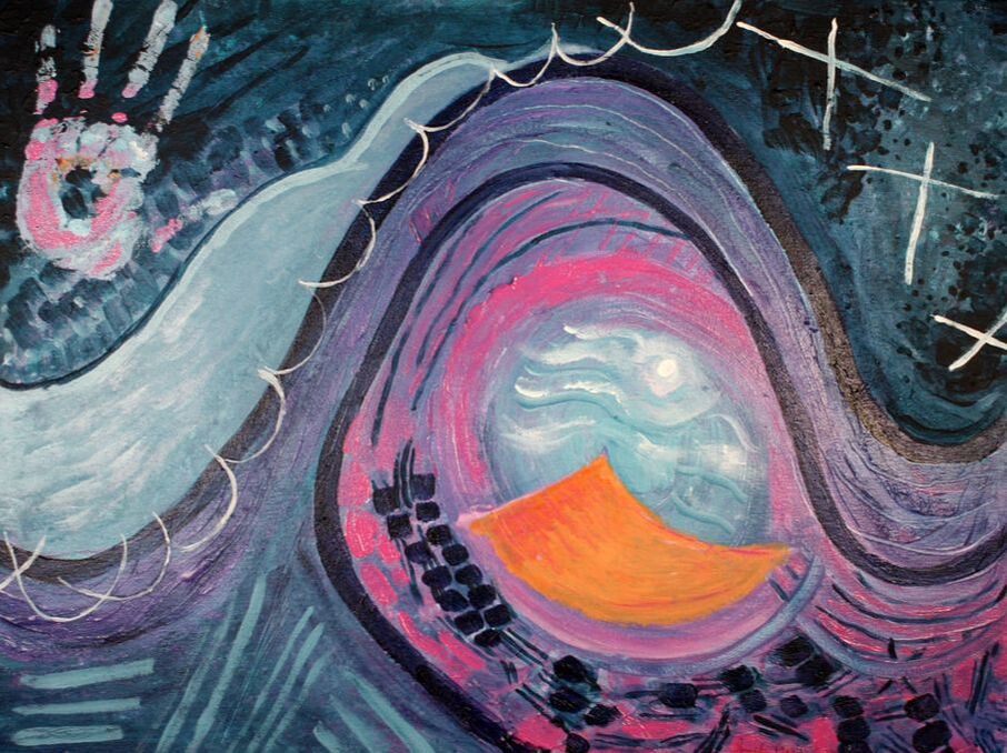 An abstract painting with blue, pink and purple swirls, and a hand print in the top left corner.