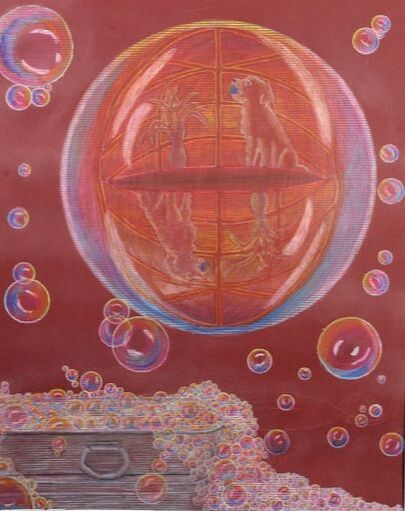 A colored pencil drawing of a bubble bath with bubbles spilling over the side and floating into the air. The largest bubble shows an image of dog holding a ball in its mouth reflected inside the bubble.