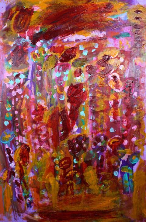 A bright and colorful abstract paining with very visible paint strokes.