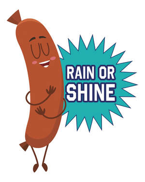 An illustrated image of a smiling bratwurst next to a text image that reads, 